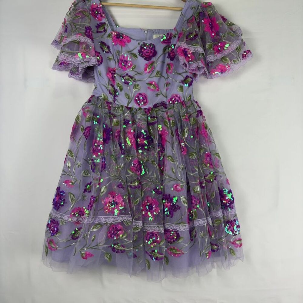 JessaKae Lavender Mini Dress with Pink Floral Sequin Appliqué